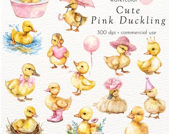 Baby Duckling Clipart Bundle, Yellow Ducks in Pink, Watercolor Baby Animal, Nursery Art