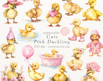 Duckling Clipart Set, Yellow Baby Ducks with Pink Outfits, Watercolor Nursery Animals, Commercial Use