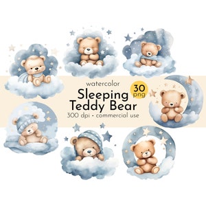 Clipart dell'orsacchiotto addormentato dell'acquerello, orsacchiotti addormentati, clipart dell'acquazzone del bambino, clipart dell'orsacchiotto - download istantaneo - uso commerciale