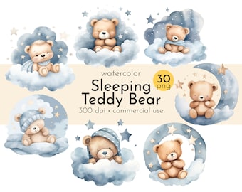 Watercolor Sleeping Teddy Bear Clipart: Baby Shower PNG (Digital Download)