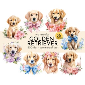Golden retriever met bloemen illustraties, digitale download voor hondenliefhebbers, huisdier clipart - Instant Download - commercieel gebruik