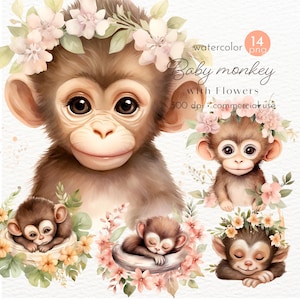 Bébé singe avec des fleurs des cliparts, aquarelle de singe, des cliparts bébés animaux, des cliparts floraux - téléchargement immédiat - usage Commercial