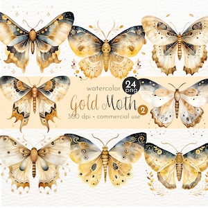 Gold Motte Celestial Clipart, Aquarell Insekten, gemalte Motten, rustikale Bio Motte - Instant Download - Kommerzielle Nutzung