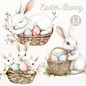 Clipart coniglietto bianco di Pasqua, coniglietto carino, uova di Pasqua, clipart cestino delle uova - Download immediato - Uso commerciale