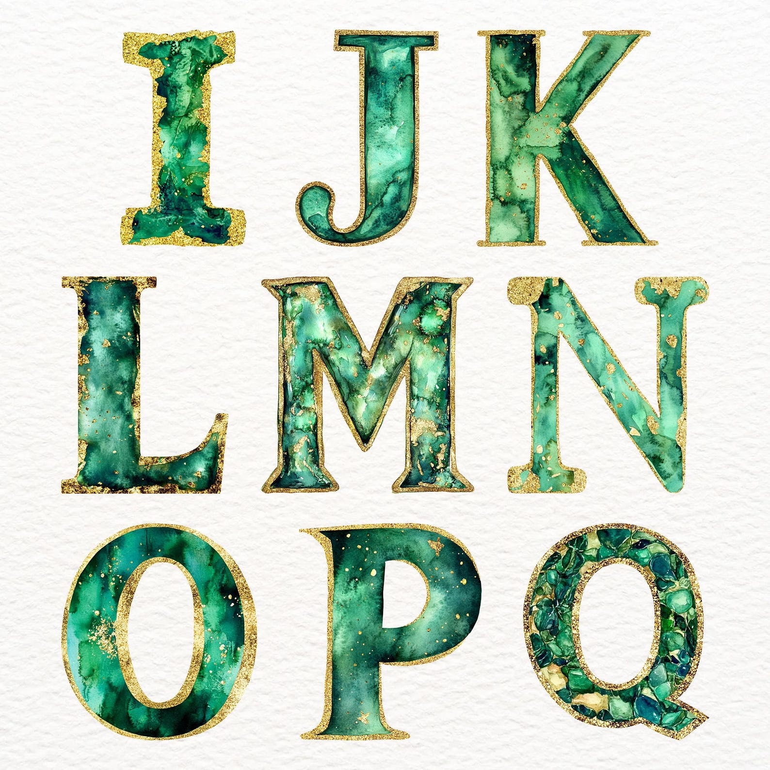 Emerald Gold Watercolor Alphabet Clipart: 26 PNG Letters (commercial ...
