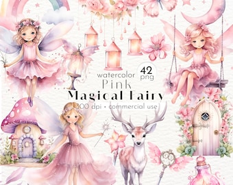 May include: A set of 42 watercolor illustrations featuring pink fairies, a deer, a mushroom house, a key, a bottle, a moon, stars, lanterns, flowers, and a rainbow. The illustrations are perfect for creating whimsical designs for invitations, cards, and other crafts.
