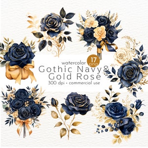 Gothic Navy and Gold Rose Clipart: Summer Flower Graphics (Instant Download)