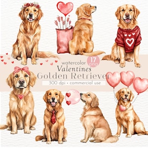 Golden Retriever Valentines Day Clipart, Arte de cachorro em aquarela, Imagens de animais de estimação para o Dia dos Namorados - Download instantâneo - Uso comercial