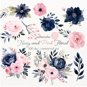 Clipart floreale blu scuro e rosa, immagini di bellissimi fiori estivi - Download istantaneo - Uso commerciale