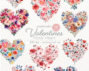 Clipart de corazón floral de acuarela: 16 imágenes PNG de San Valentín (uso comercial)