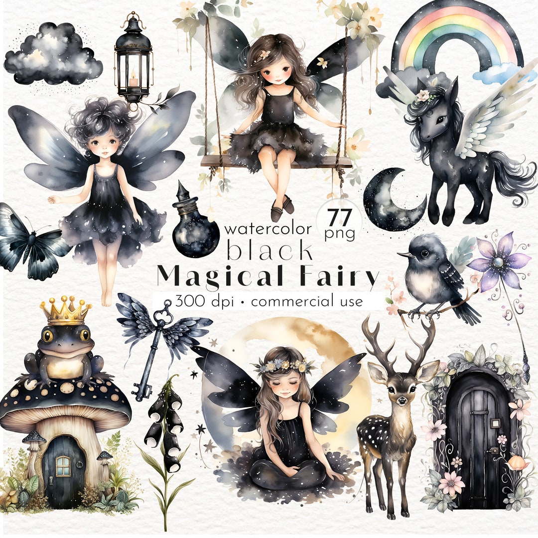 Black Fairy Clipart: 77 Watercolor Magical PNG Images (commercial Use ...