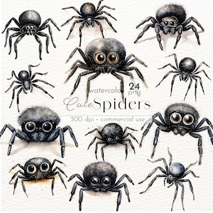 Cute Black Spiders Clipart, Gothic Clipart, Spiderweb Clipart Clipart, Watercolor Spider - Instant Download - Commercial Use