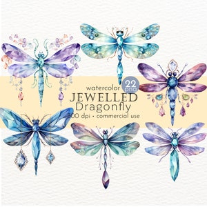 May include: Set of six watercolor illustrations of jeweled dragonflies. Each dragonfly is depicted with intricate details and a variety of gemstone colors, including blue, purple, and green. The text "watercolor JEWELLED Dragonfly 300 dpi - commercial use" is included in the image.