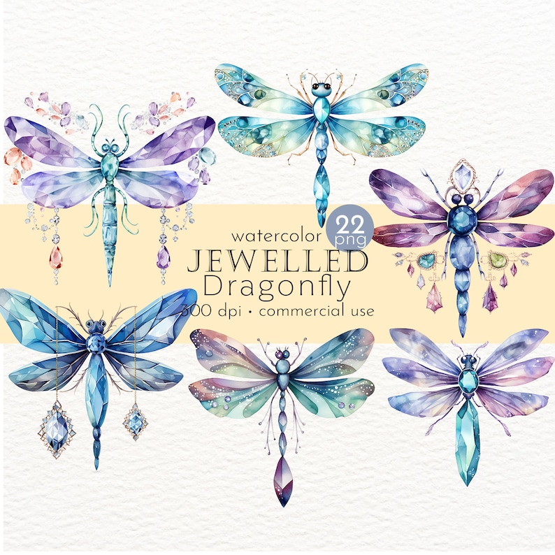 May include: Set of six watercolor illustrations of jeweled dragonflies. Each dragonfly is depicted with intricate details and a variety of gemstone colors, including blue, purple, and green. The text "watercolor JEWELLED Dragonfly 300 dpi - commercial use" is included in the image.