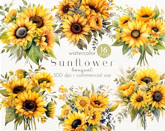 Sunflower Floral Bouquet Clipart, Watercolor Flowers, Images of Watercolor Sunflowers - Instant Download - Commercial Use