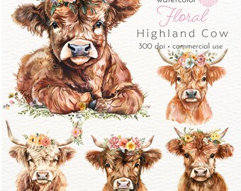 Floral Highland Cow Baby Clipart: Watercolor PNG Images (Commercial Use)