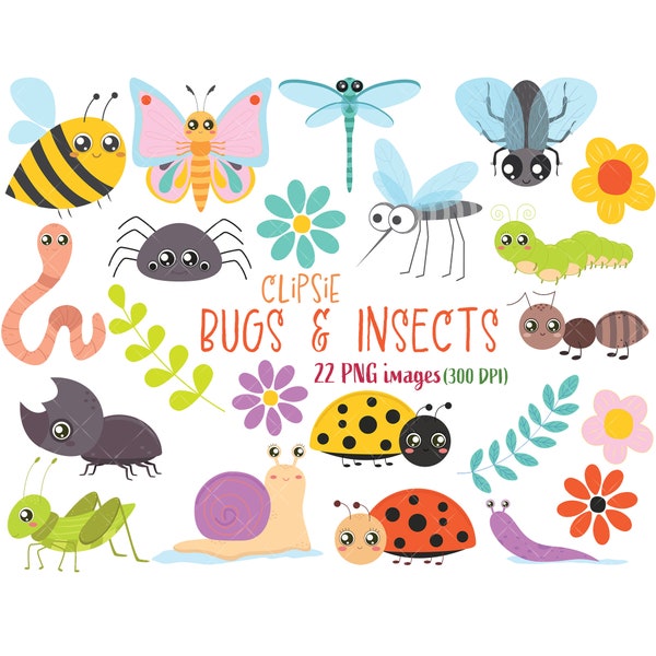 Bugs and Insects Clip Art, Butterfly, Spider, Mosquito, Fly, Bee, Snail, Worm, Grasshopper, Bug, Ladybug, Ant - Instant Download