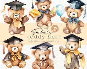 Puede incluir: Conjunto de seis ilustraciones de acuarela de osos de peluche con gorros y batas de graduación. Los osos son marrones con ojos y narices negros. Están sosteniendo libros, un globo y un diploma. El texto "watercolor Graduation Teddy bear 300 dpi - commercial use" está en la parte inferior de la imagen.