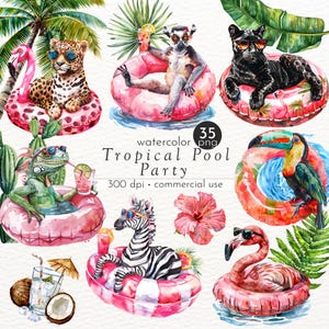 May include: Watercolor illustrations of tropical animals wearing sunglasses and relaxing on pink pool floats. The animals include a lemur, a jaguar, a toucan, a zebra, a flamingo, and an iguana. The illustrations are perfect for adding a touch of tropical fun to your designs.