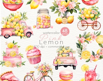 Rosa Zitrone Clipart, Clip Art Set, Erfrischende Sommerfrische, Zitrone, Wasserglasur, Limettenglasur - Instant Download - Kommerzielle Nutzung