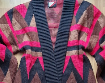 Vintage 1980's Luka thick and warm colorful cardigan with pockets pink brown black patterns christmas holidays sweater size 50 free shipping