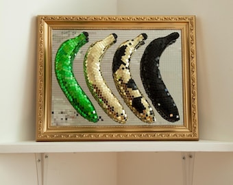 The Evolution Of Life, Bananas, Disco Ball, Fruit Art, Mirror, Home Decor, Glass Art, Wall Art