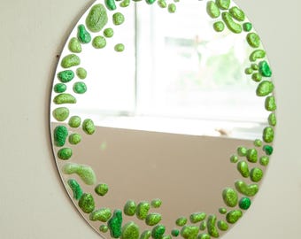 Handmade Green Round Mirror, Glitter Green Mirror, Funky, Artistic, Irregular Shape, Hot Glue, Wall Mirror, Electrc