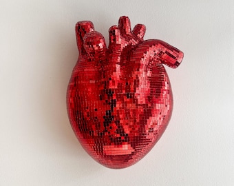 DiscoBall Heart, Red Sculpture, Home Decor, Mosaic Mirror Heart