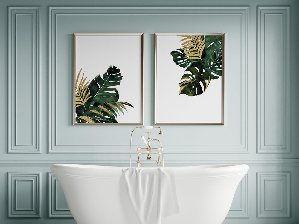 Set of 2 Greenery Bathroom Prints Tropical Bathroom Decor Etsy