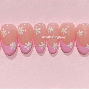 Pink French Tips with Flowers | Press on Nails UK | Stick on Nails | Reusable | Customised | Handmade | Set of 10