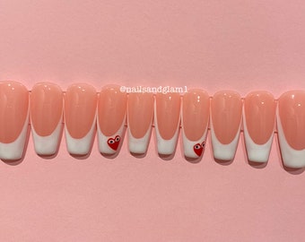 French Tips with Red Heart | Press on Nails UK | Stick on Nails | Reusable | Customised | Handmade | Set of 10