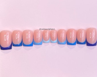 Blue French Tips | Press on Nails UK | Stick on Nails | Reusable | Customised | Handmade | Set of 10