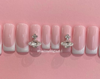 White French Tips with Silver Charm | Press on Nails UK | Stick on Nails | Reusable | Customised | Handmade | Set of 10