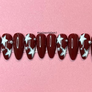 Maroon Nails with Pearls & White and Silver Stars | Press on Nails UK | Stick on Nails | Reusable | Customised | Handmade | Set of 10