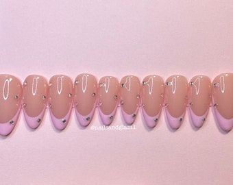 Pink French Tips with Silver Rhinestones | Press on Nails UK | Stick on Nails | Reusable | Customised | Handmade | Set of 10