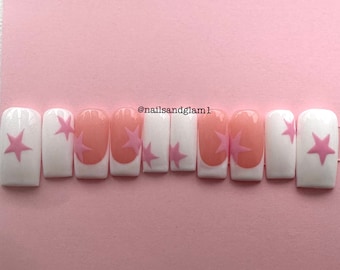 White Nails with Pink Stars & French Tips | Press on Nails UK | Stick on Nails | Reusable | Customised | Handmade | Set of 10