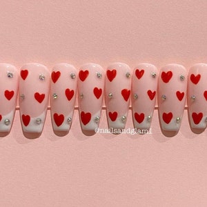 French Tips with Hearts & Rhinestones | Press on Nails UK | Stick on Nails | Reusable | Customised | Handmade | Set of 10