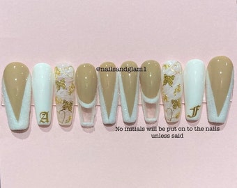 French Tip with Marble | Press on Nails UK | Stick on Nails | Reusable | Customised | Handmade | Set of 10