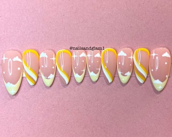 Pastel Yellow French Tips with Swirls | Press on Nails UK | Stick on Nails | Reusable | Customised | Handmade | Set of 10