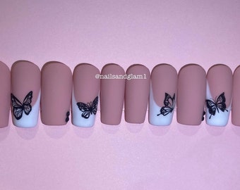 Matte French Tips with Butterflies | Press on Nails UK | Stick on Nails | Reusable | Customised | Handmade | Set of 10