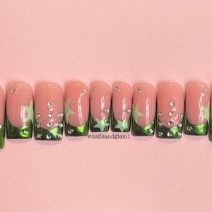 Green Chrome French Tips with Stars & Rhinestones | Press on Nails UK | Stick on Nails | Reusable | Customised | Handmade | Set of 10