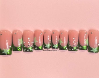 Green Chrome French Tips with Stars & Rhinestones | Press on Nails UK | Stick on Nails | Reusable | Customised | Handmade | Set of 10