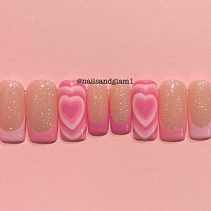 Pink French Tips with Hearts | Press on Nails UK | Stick on Nails | Reusable | Customised | Handmade | Set of 10