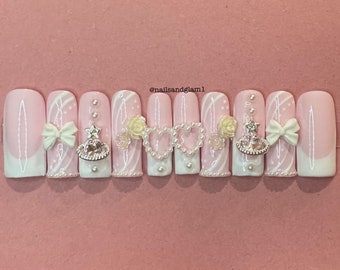 White French Tips with Charms | Y2K Nails | Press on Nails UK | Stick on Nails | Reusable | Customised | Handmade | Set of 10