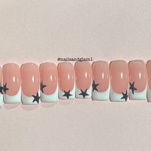 White French Tips with Black Stars | Press on Nails UK | Stick on Nails | Reusable | Customised | Handmade | Set of 10