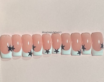 White French Tips with Black Stars | Press on Nails UK | Stick on Nails | Reusable | Customised | Handmade | Set of 10