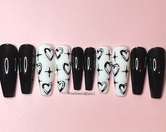 Black Heart Design Nails | Press on Nails UK | Stick on Nails | Reusable | Customised | Handmade | Set of 10