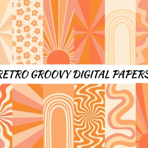 Retro Groovy digitale papers, jpg, png, jaren '70 achtergrond, commercieel gebruik, instant download, hippie patroon, oranje plakboekpapier, poster print