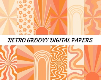 May include: A collection of ten digital papers with retro groovy designs in shades of orange, peach, and cream. The designs include sunbursts, flowers, and swirling patterns. Text on the image reads "Retro Groovy Digital Papers."
