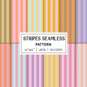Puede incluir: Una colección de patrones de rayas sin costuras en varios colores pastel, incluyendo rosa, naranja, amarillo y azul. La imagen incluye el texto "STRIPES SEAMLESS PATTERN 12'x12' | JPG | 300DPI". Las rayas verticales están espaciadas uniformemente.